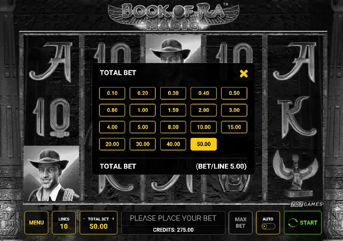 Book of Ra Magic betting screen showing stake controls